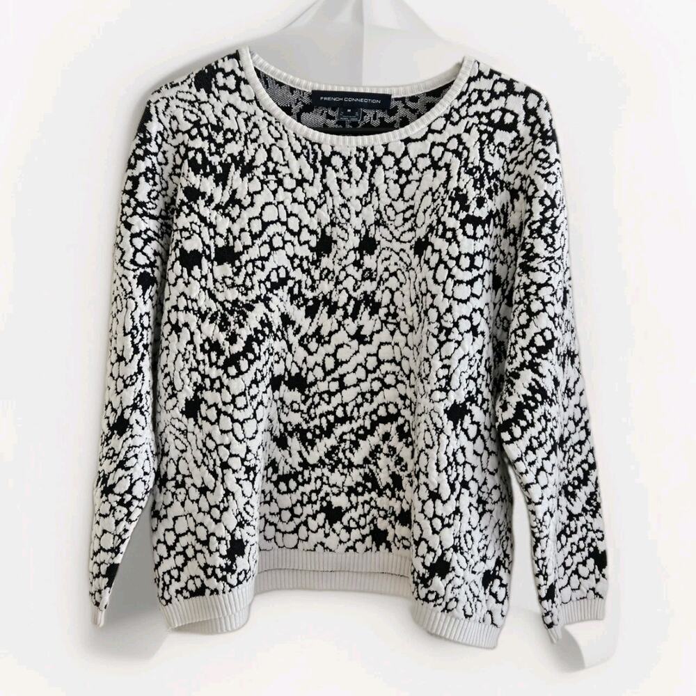 French Connection Women’s Black White Crew Knit Sweater Size M Top Cotton Blend
